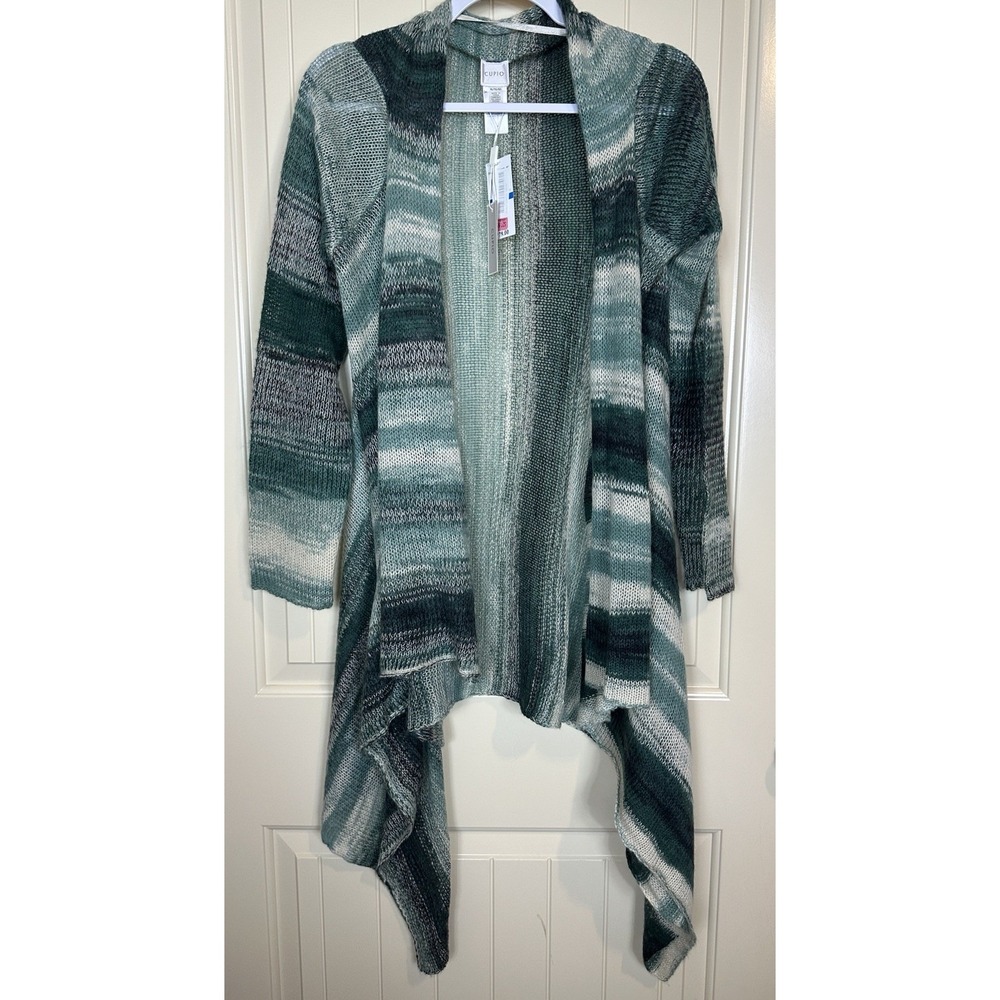 Cupio Green striped‎ Knit Open Front Cardigan Sweate  Comfy Soft sz XL NWT $79